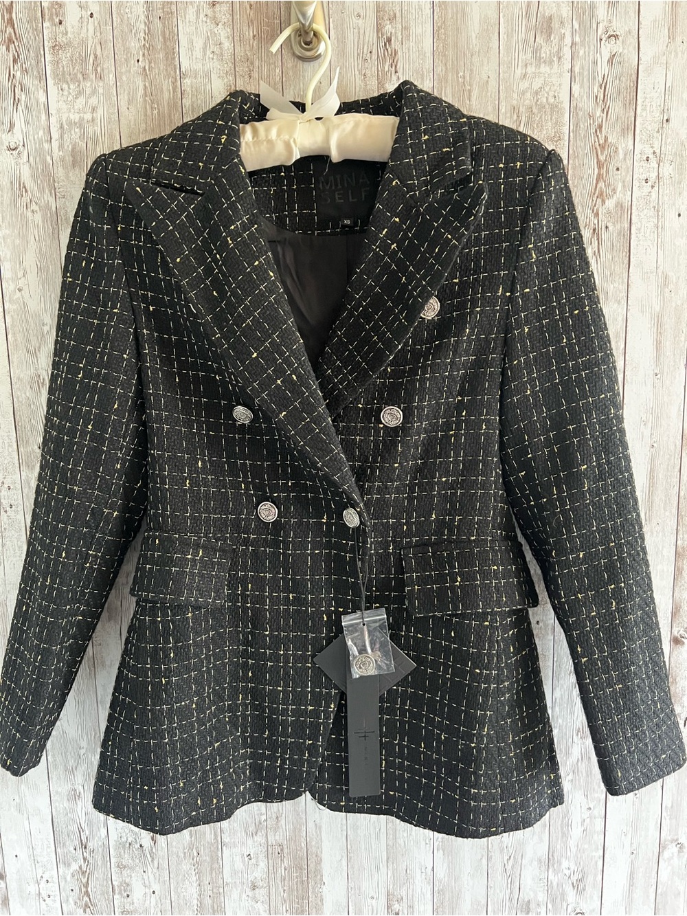 Mina Self Black Tweed Double-Breasted Blazer with Gold Thread Grid NEW XS